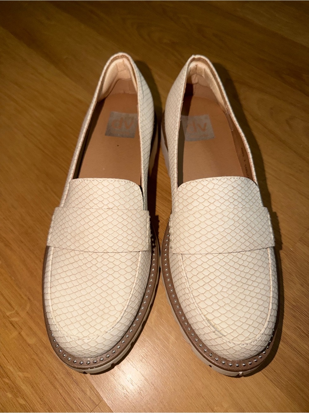 Women's Dolce Vita-Carlita, Cream Textured Penny Loafers with Studded Trim